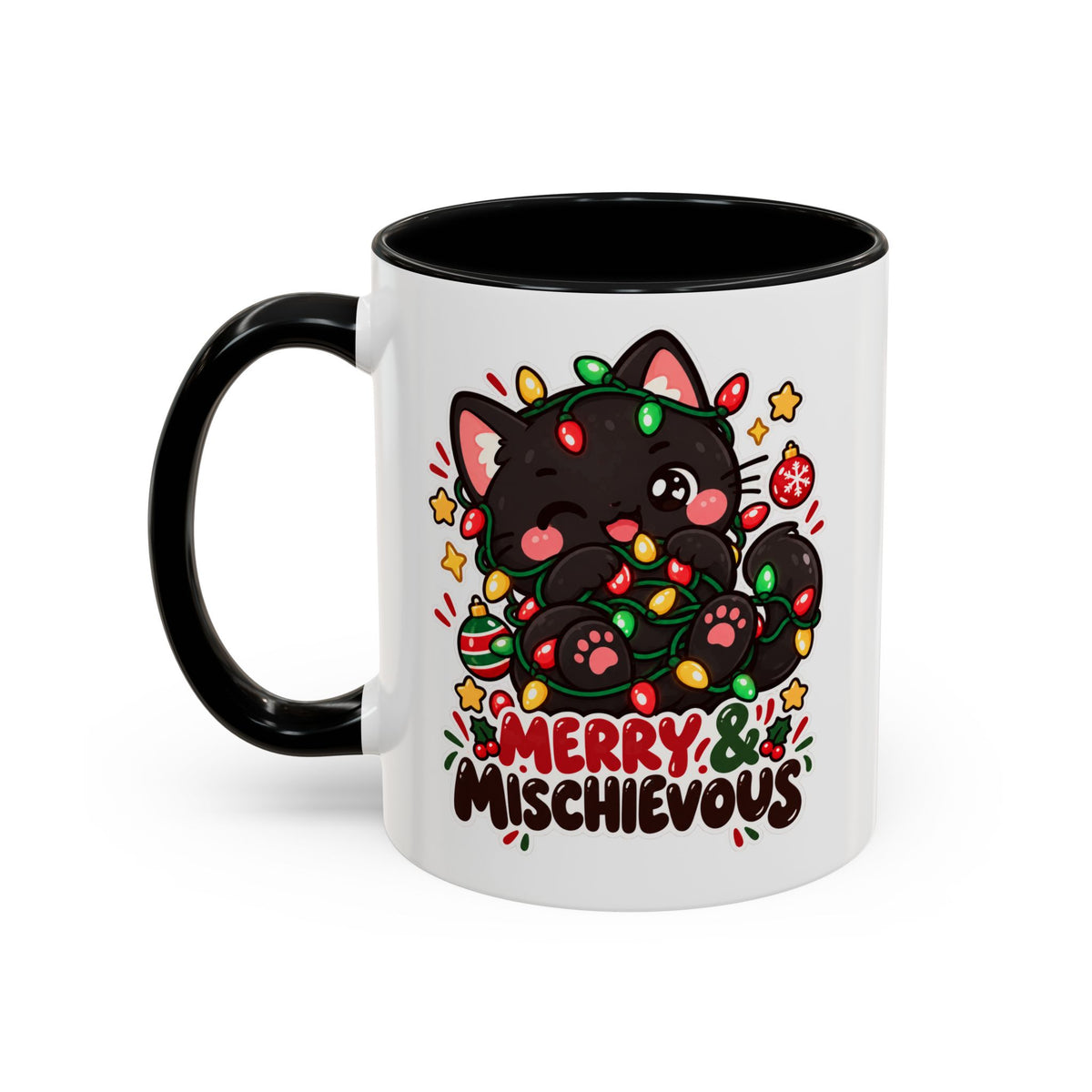 Merry & Mischievous Christmas Cat Mug | Black Cat Coffee Cup | 11 oz & 15 oz