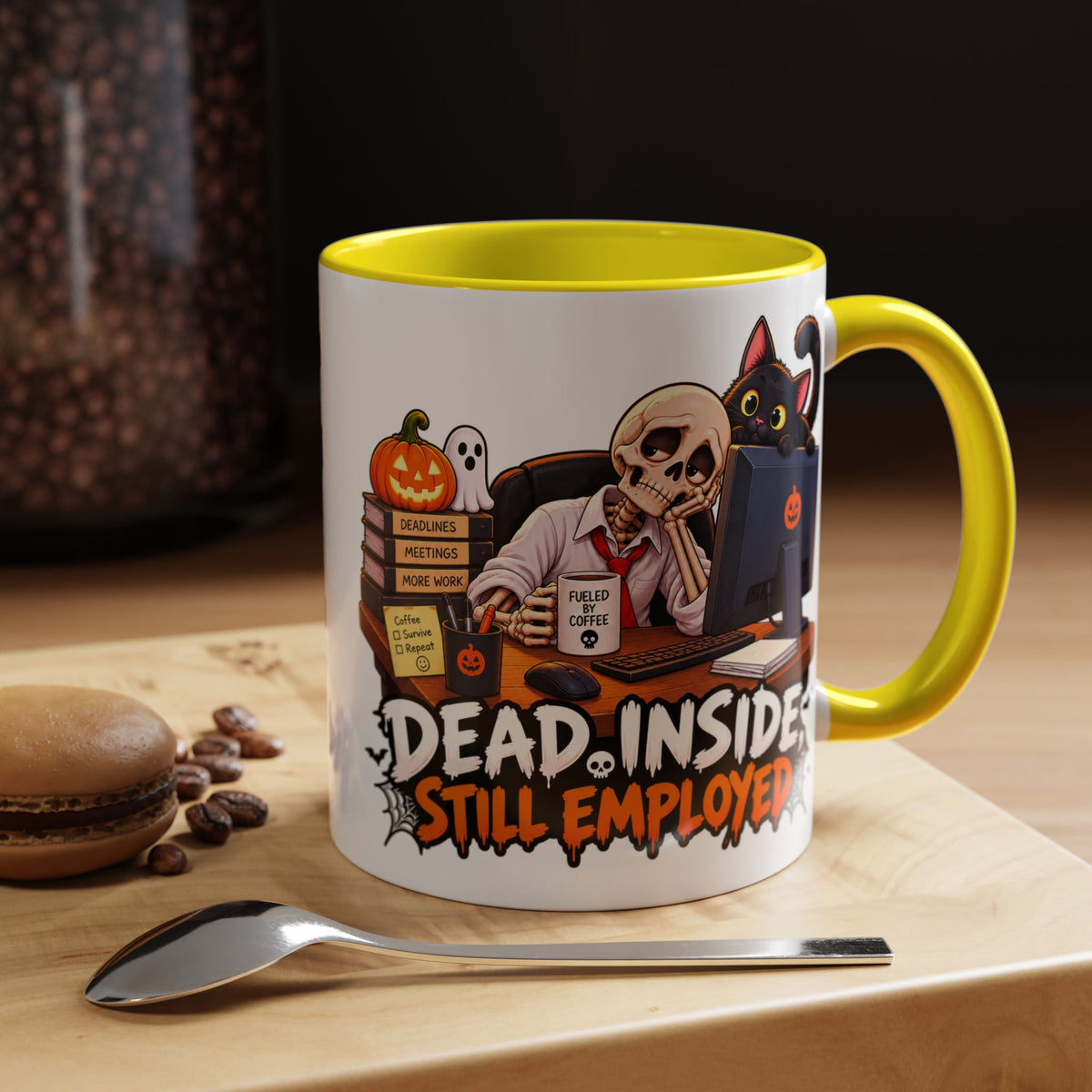 Dead Inside, Still Employed Halloween Mug — Colour Accent