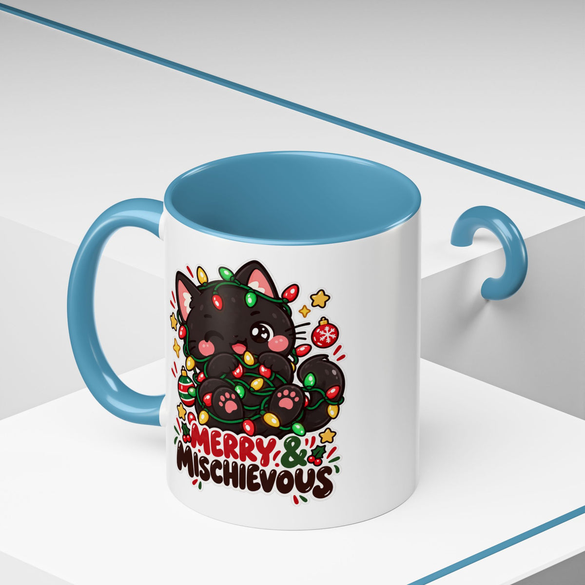 Merry & Mischievous Christmas Cat Mug | Black Cat Coffee Cup | 11 oz & 15 oz