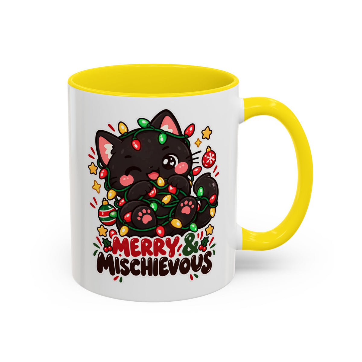 Merry & Mischievous Christmas Cat Mug | Black Cat Coffee Cup | 11 oz & 15 oz