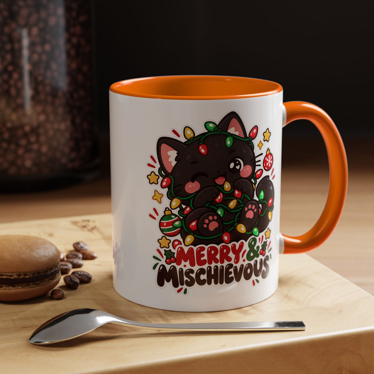 Merry & Mischievous Christmas Cat Mug | Black Cat Coffee Cup | 11 oz & 15 oz