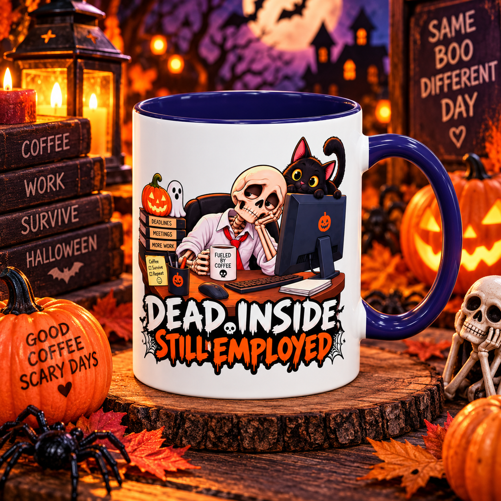 Dead Inside, Still Employed Halloween Mug — Colour Accent