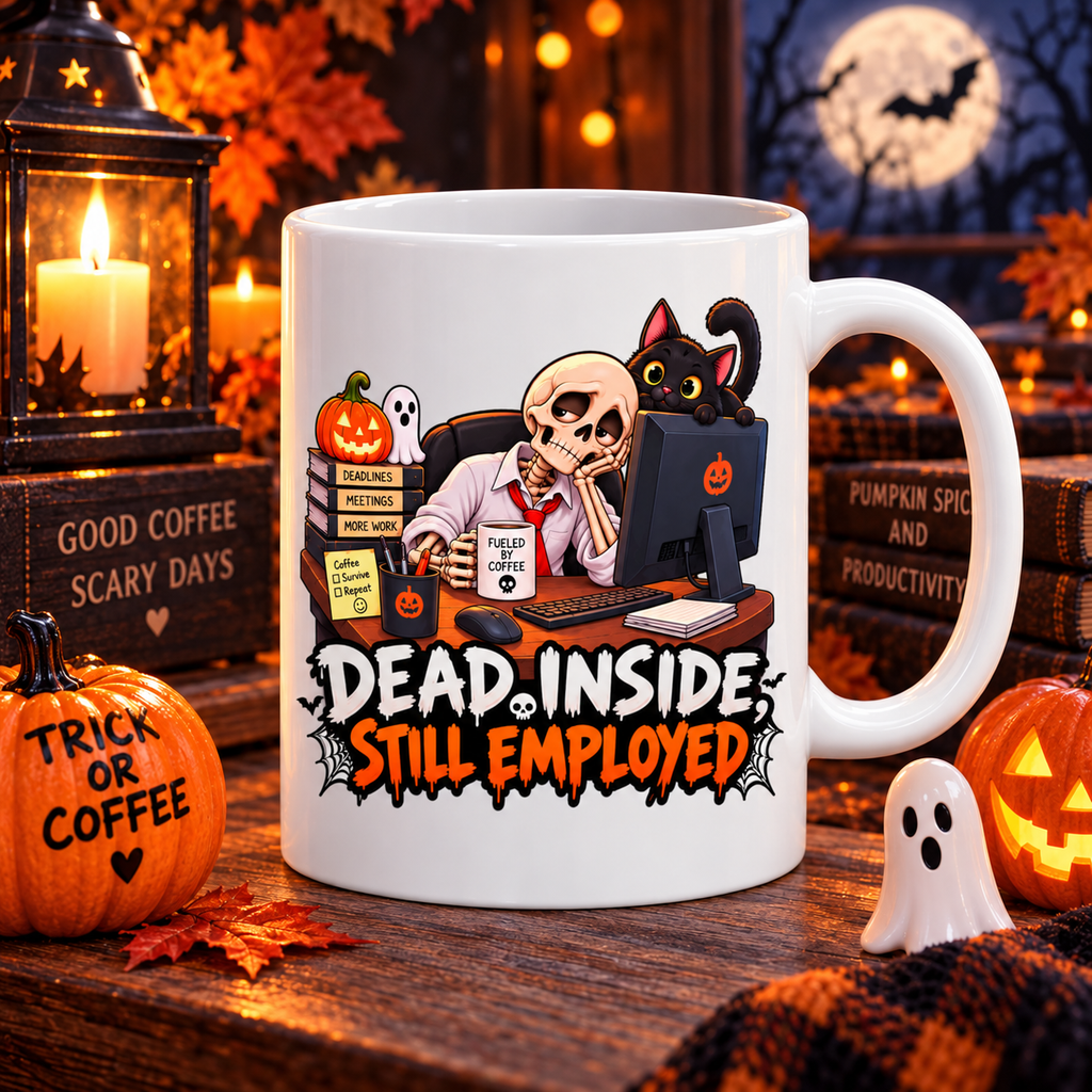 Dead Inside, Still Employed Halloween Mug
