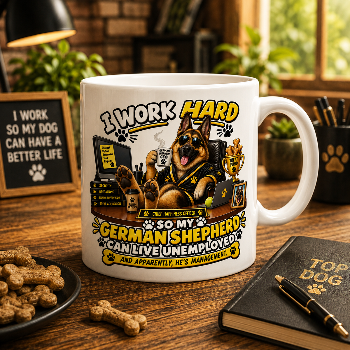 Funny German Shepherd Mug — He’s Management