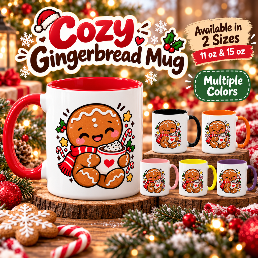 Cozy Gingerbread Christmas Mug | Cute Holiday Coffee Cup | 2 Sizes & Multiple Colours