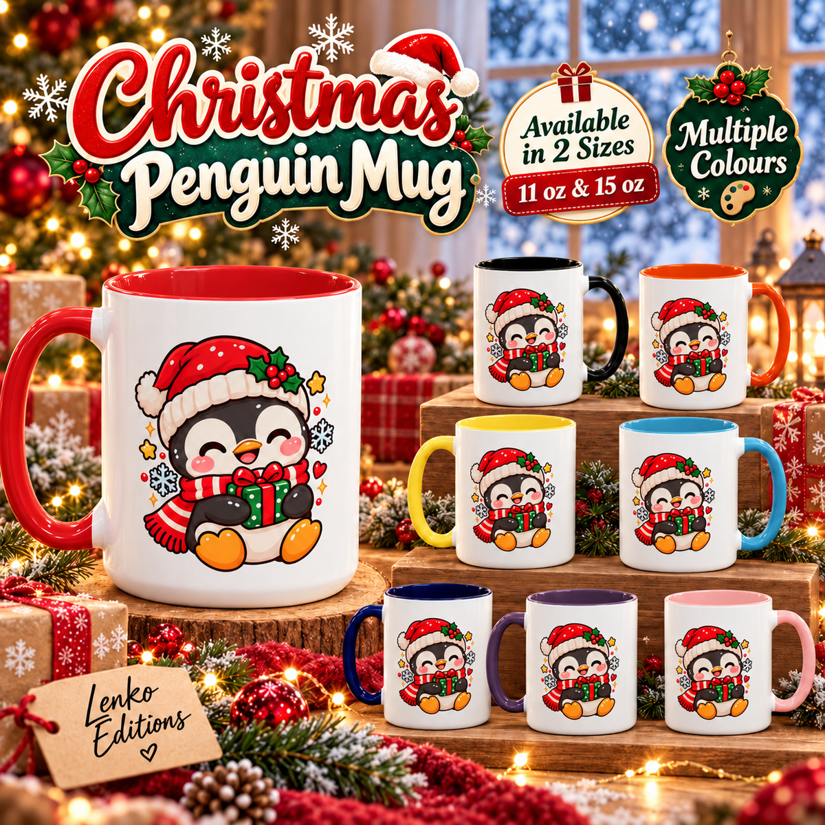 Cute Christmas Penguin Mug | Holiday Coffee Cup | 11 oz & 15 oz | Multiple Colours