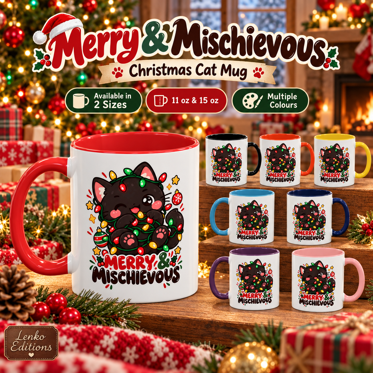 Merry & Mischievous Christmas Cat Mug | Black Cat Coffee Cup | 11 oz & 15 oz