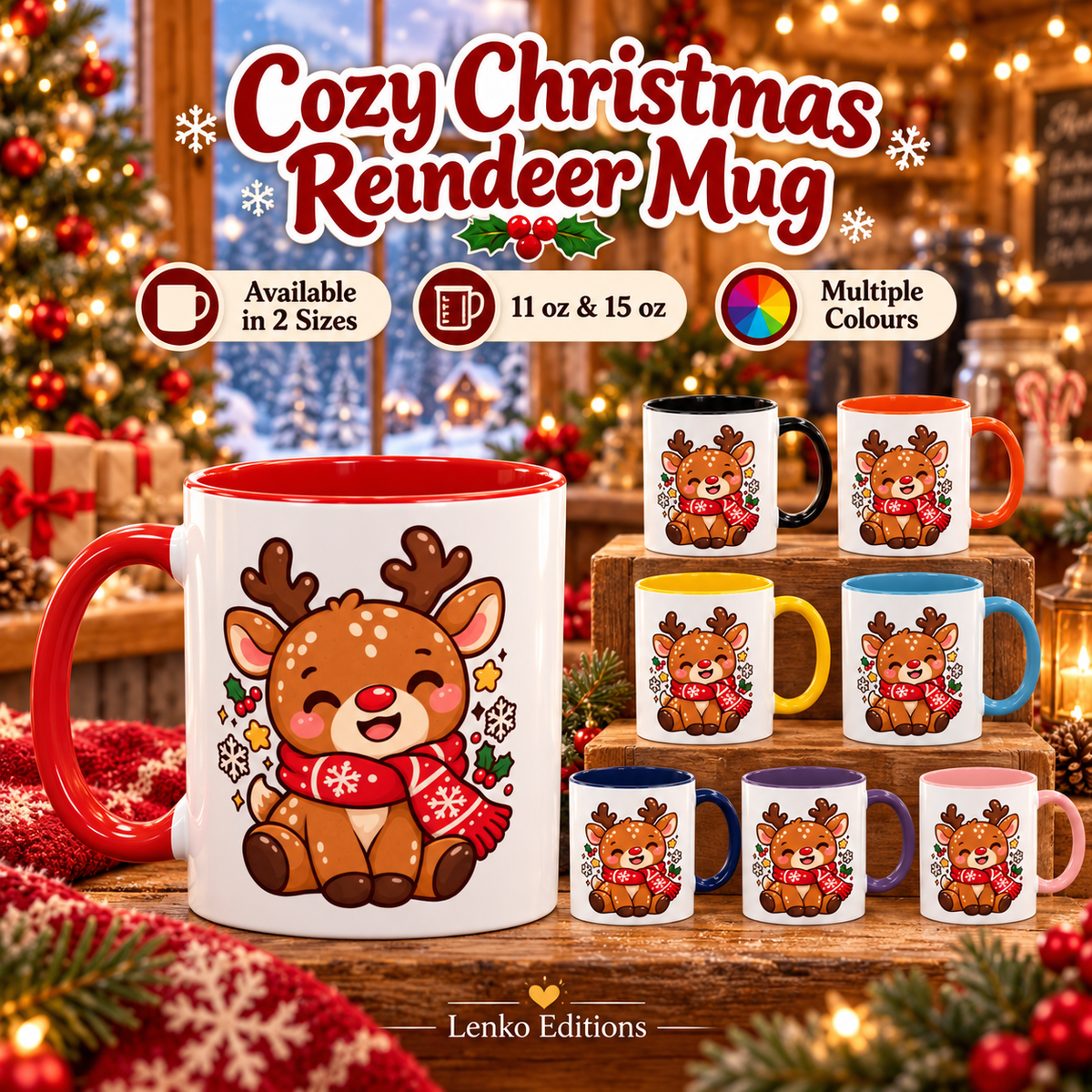 Cozy Christmas Reindeer Mug | Cute Holiday Coffee Cup | 11 oz & 15 oz