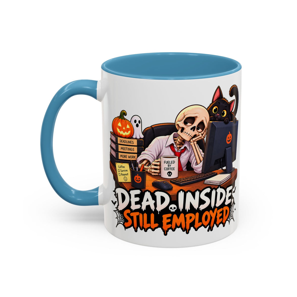 Dead Inside, Still Employed Halloween Mug — Colour Accent